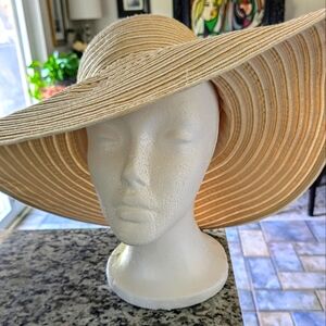 BETMAR Beach Gold & Ivory Stripe Ribbon Packable Sun Hat